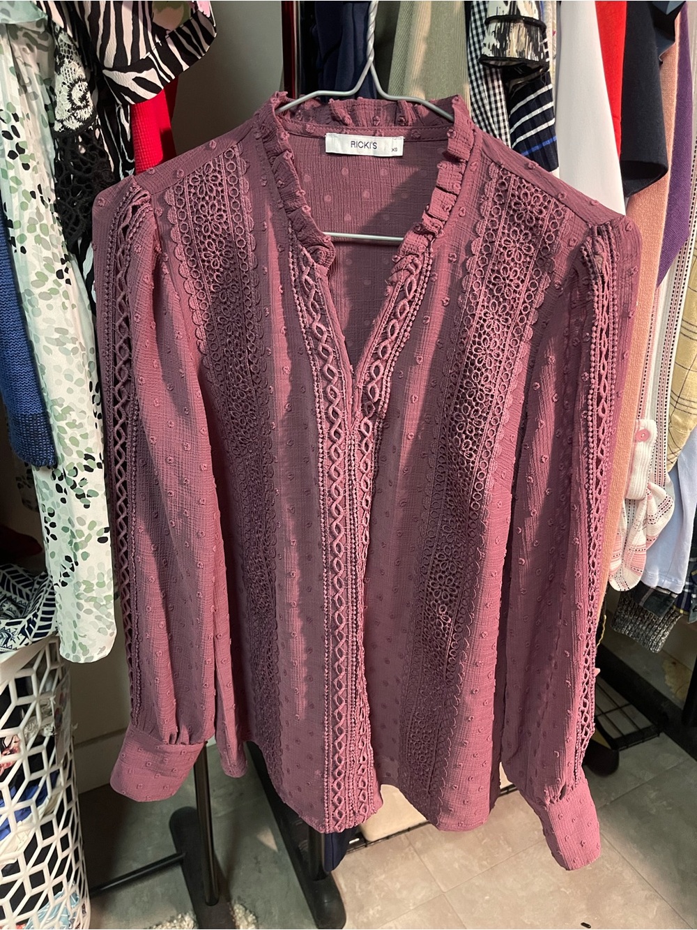 Ricki's Swiss Dot Lace Trim Blouse Pink XS